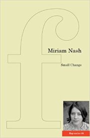 Image of the book Small Change. A large stylised 'f' for 'flap series' on a pale green background with a small picture of Miriam Nash in the lower right corner.